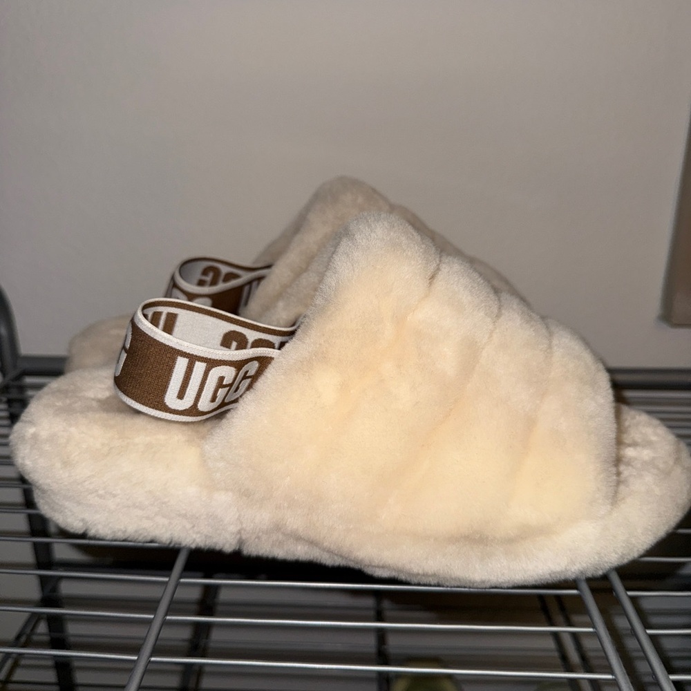 UGG Cream Fluffy Slippers with Logo Strap